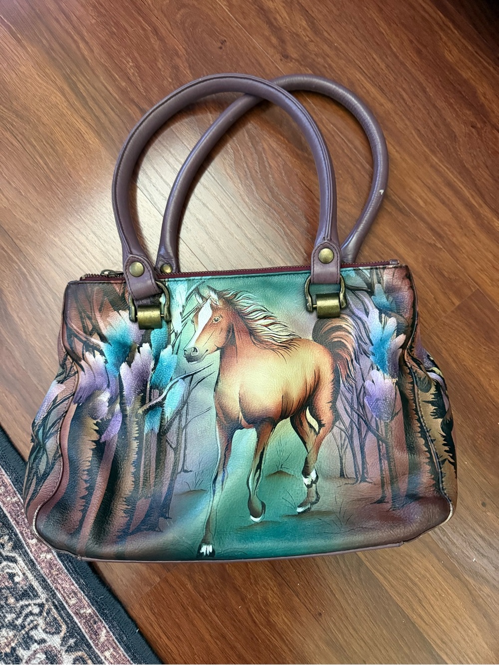 Anuschka Multicolor Horse-Print Shoulder Bag — Teal, Brown & Purple